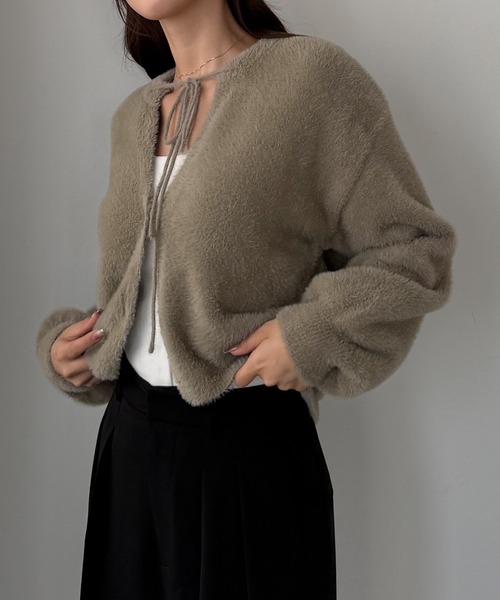 Louere（ルエレ） カーディガン ショート丈シャギーリボンニット