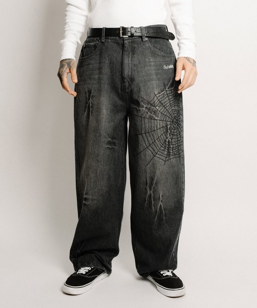 【BLACK】Cobweb curved denim pants Cordera Denim Curved Leg Pants, Black – Glasswing
