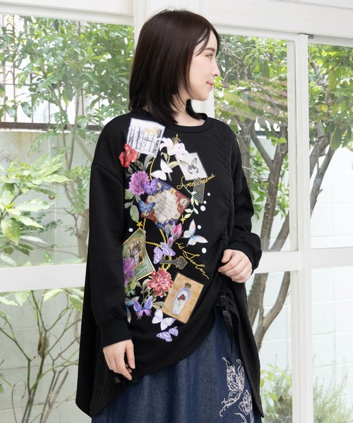 ScoLar（スカラー） tシャツ 額縁×花×蝶柄 ニットソー×裏毛切替プル