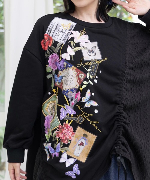 スカラカットソー ScoLar（スカラー） tシャツ 額縁×花×蝶柄 ニットソー×裏毛切替プル