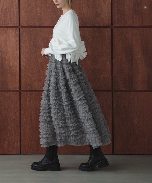 Merakiチュールフレアスカート グレー　もこもこスカート MERAKI スカート ボリュームチュールロングスカート : ZOZOTOWN Yahoo