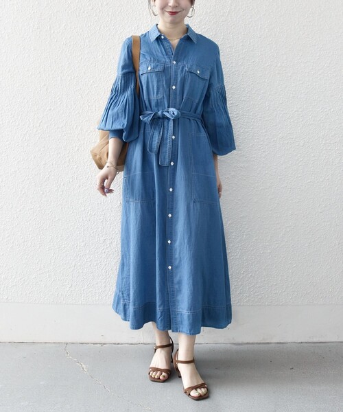 SHIPS any シャツワンピース any:「手洗い可能」シアー デニム
