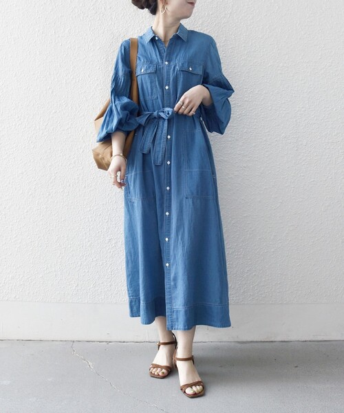 SHIPS any シャツワンピース any:「手洗い可能」シアー デニム
