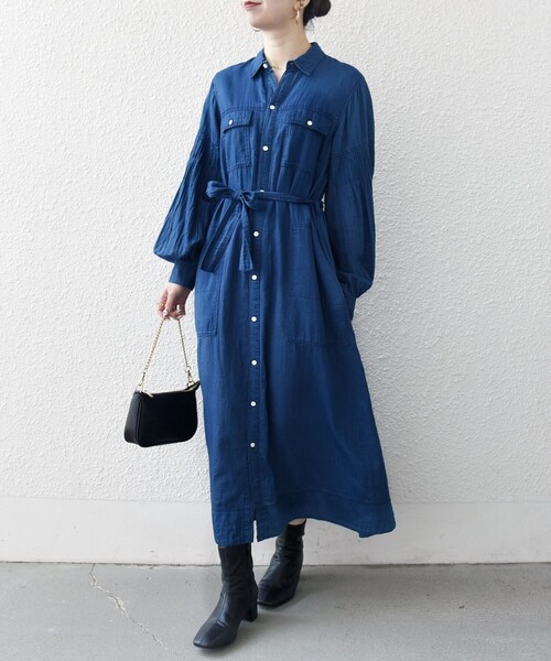 jonnlynx ジョンリンクス コットン ロング シャツワンピース ネイビー SHIPS any シャツワンピース any:「手洗い可能」シアー デニム