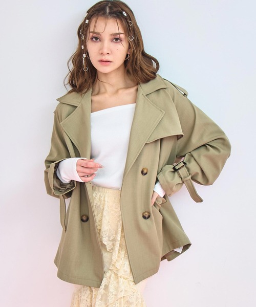 ドロップショルダーグリーントレンチショートコート　CHIC and THINGS ANAP（アナップ） トレンチコート コート ショートトレンチコート