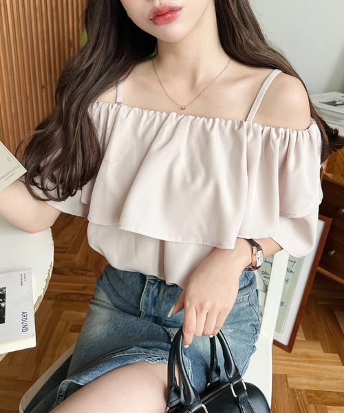 moment+ ブラウス シャツ 2WAYオフショル半袖フリルブラウス