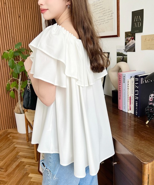 moment+ ブラウス シャツ 2WAYオフショル半袖フリルブラウス