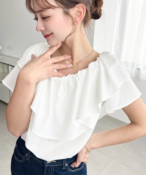 シャツ+ブラウス(半袖+袖なし) styling/ frill-off shoulder top moment+ ブラウス シャツ 2WAYオフショル無地＆チェック半袖フリル