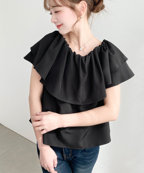 シャツ+ブラウス(半袖+袖なし) styling/ frill-off shoulder top moment+ ブラウス シャツ 2WAYオフショル無地＆チェック半袖フリル