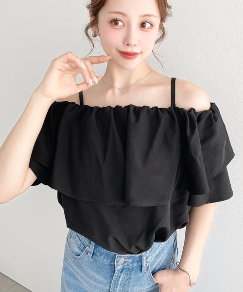 シャツ+ブラウス(半袖+袖なし) styling/ frill-off shoulder top moment+ ブラウス シャツ 2WAYオフショル無地＆チェック半袖フリル