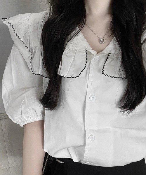 ROOP TOKYO ブラウス シャツ 襟フリルライン半袖ブラウス レディース