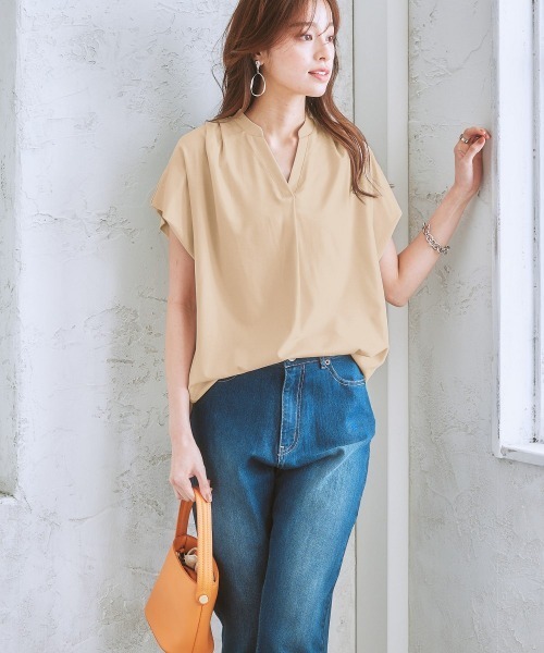 tシャツ キーネック フレンチスリーブ プルオーバー「手洗い可」 レディース 7days Life Styling tシャツ 「ひんやり接触冷感」シルケット
