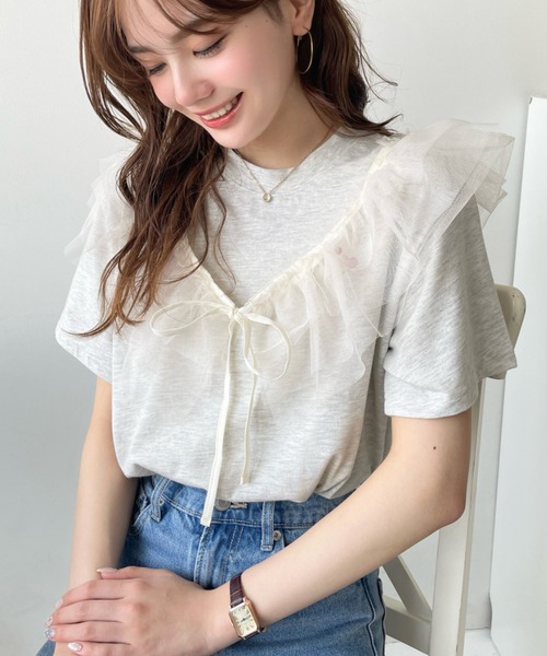 moment+ tシャツ ワンポイントハート刺繍チュールマルチフリル付き半袖