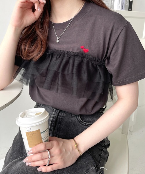 リブ編み半袖Tシャツ ハート刺繍付き　新品 楽天市場】≪SALE 30%OFF≫ハート刺繍TEEレディース トップス T