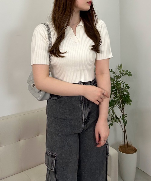 INGNI ニット セーター 襟付Backウエストリボン半袖ニット レディース  