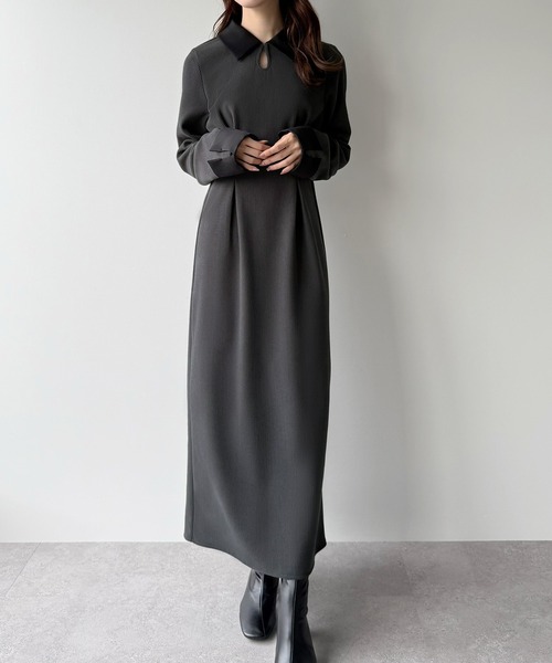 JUNOAH ワンピース バイカラーコーデュロイタイトワンピース  