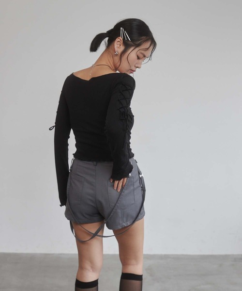 サスペンダー付きブラックショートパンツ ENVYM パンツ サスペンダーショーパン レディース : ZOZOTOWN