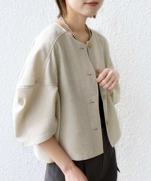 未使用★SHIPS シップス　リネンライク ランタン袖 ジャケット　フリー SHIPS（シップス） ブラウス シャツ 「WEB限定」「洗濯機可能」リネン