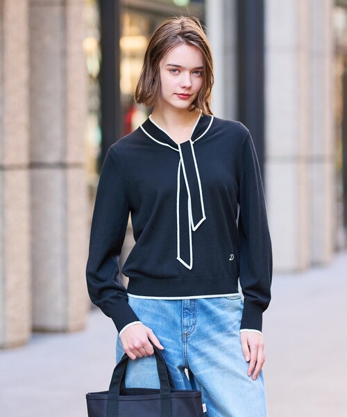 ニット セーター 「洗える」配色ラインボウタイプルオーバーニット レディース DRESSTERIOR ニット セーター 「洗える」配色ラインボウタイプル