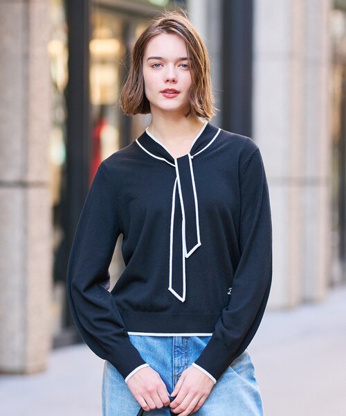 ニット セーター 「洗える」配色ラインボウタイプルオーバーニット レディース DRESSTERIOR ニット セーター 「洗える」配色ラインボウタイプル