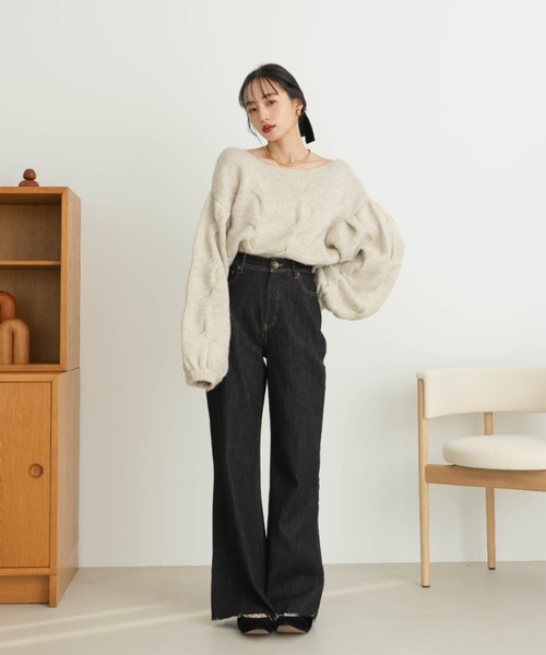 ジーンズ デニム デニムパンツ セミフレアデニムパンツ（裾カット可能） レディースの画像