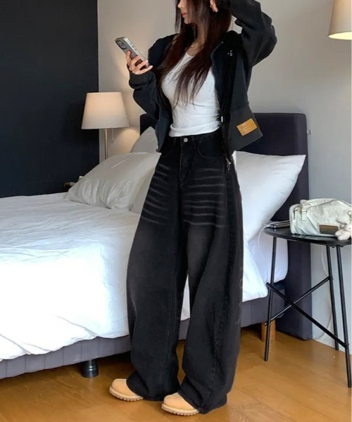 ジーンズ デニム デニムパンツ ペイント ロゴ ルーズ ワイド