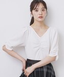 ブラウス シャツ 半袖 フロントギャザージャガ...の詳細画像1