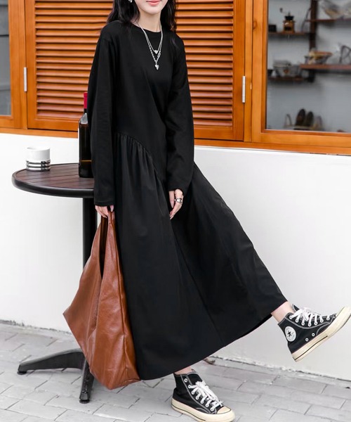 LOWO ワンピース 異素材 ドッキング ワンピース ロング丈 長袖 秋 冬