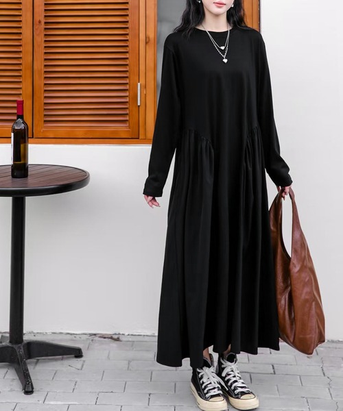 LOWO ワンピース 異素材 ドッキング ワンピース ロング丈 長袖 秋 冬