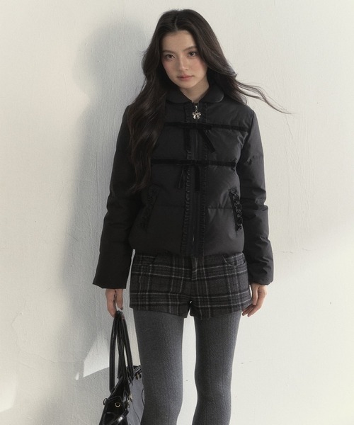 perverze リボン　ダウンベスト　ダウンジャケット SUBU SunsetPark ダウンコート ダウンジャケット ベロアリボン ショート