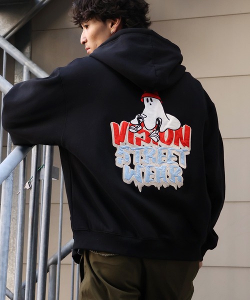 vision street wear パーカー メンズ レディース ゴースト GHOST ジップ ジップアップ お洒落 大きめ ブランド ジップアップパーカー フード フーディー おしゃれ かわいい 可愛い プリント 長袖 トップス ブラック 黒 2025 秋 秋冬 冬 VISION STREET WEAR（ヴィジョンストリートウェア） パーカー 「VISION