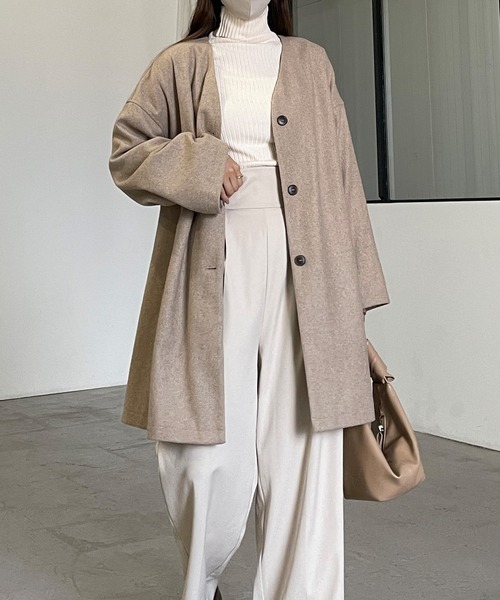 「Louere」 ノーカラーコート MEDIUM グレイッシュベージュ レディース_画像2