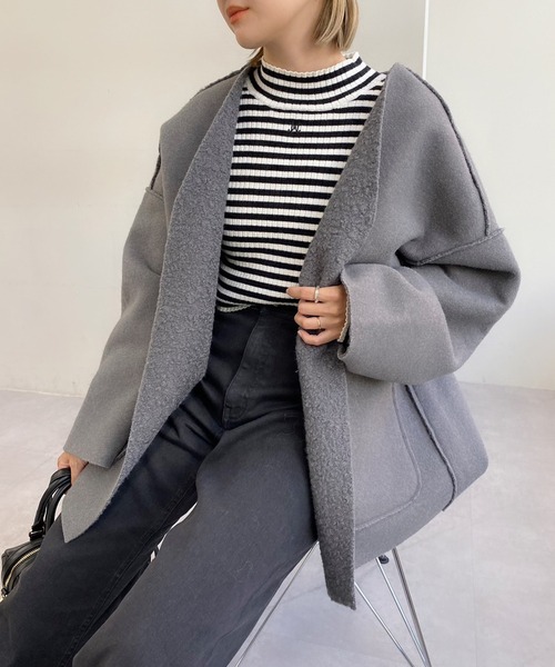 「one after another NICE CLAUP」 ノーカラーコート MEDIUM グレー レディース_画像7