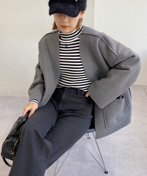 「one after another NICE CLAUP」 ノーカラーコート MEDIUM グレー レディース_画像8