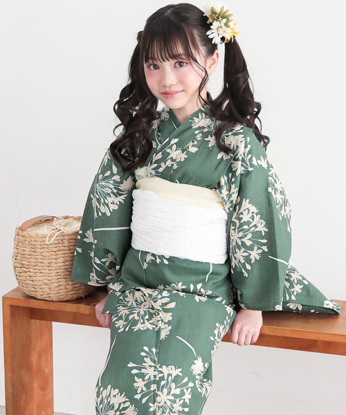 KIMONOMACHI 浴衣 ガールズ浴衣 子供浴衣2点セット （綿浴衣＋しわ