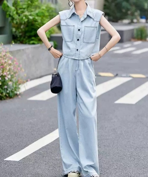セットアップ ワイドパンツ デニムベスト 無地 ストリート S~3XL セットアップ ワイドパンツ デニムベスト 無地 ストリート S~3XL