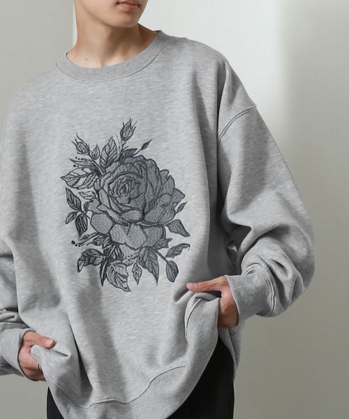 【両面刺繍デザイン】和柄スウェット☆トレーナー☆希少☆グレー☆ラグラン☆M〜L Nilway トレーナー スウェット 「24AW」フロント 薔薇 刺繍