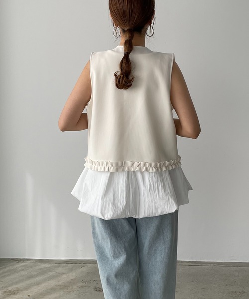 ベスト ジレ フリルベスト レディース She's Closet ベスト ジレ 2WAYショート丈深Vネック花柄刺繍