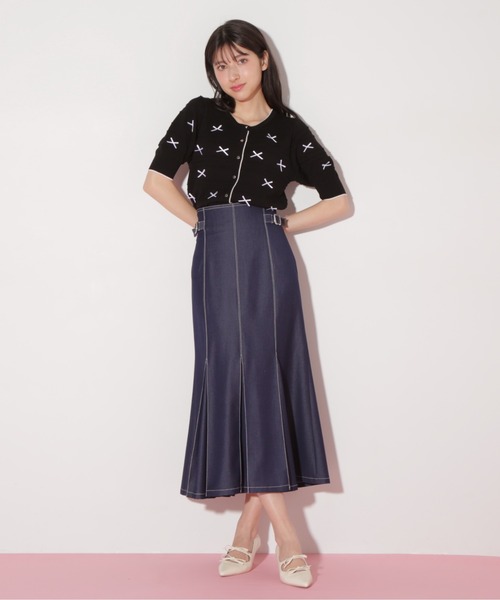 【新品】JILL by JILL STUART 薄手 リブニット セーター ペンタゴンネック 後ろリボン 7分袖 ストレッチ 綿×レーヨン等 F 紺 レディース 衿付きリブニット（ニット/セーター）｜JILL by JILL STUART