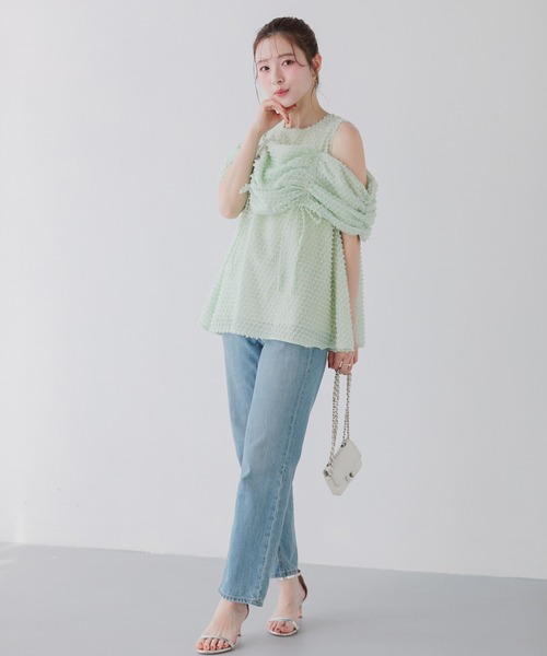 Fit more（フィットモア） オープンショルダーフリンジトップス 