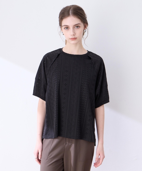 tシャツ カットレースランタンスリーブプルオーバー レディース