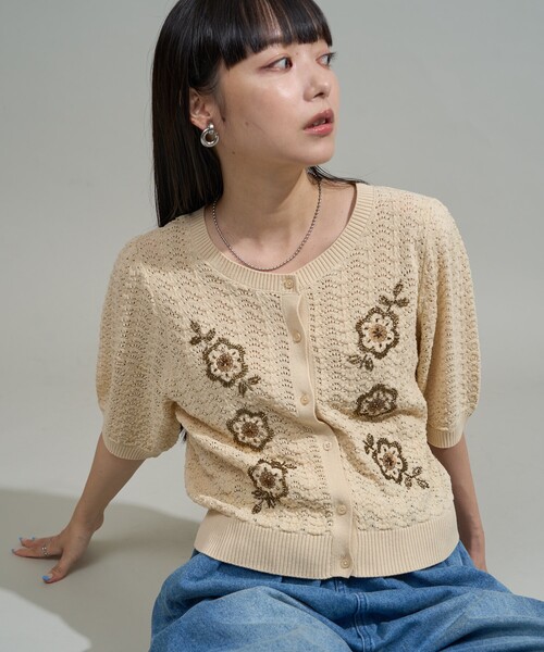 カーディガン 透かし編み ビーズ刺繍 サマーニット カーディガン/ 半袖ニット レディース FREAK'S STORE カーディガン 透かし編み ビーズ刺繍 サマー