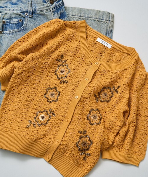 カーディガン 透かし編み ビーズ刺繍 サマーニット カーディガン/ 半袖ニット レディース