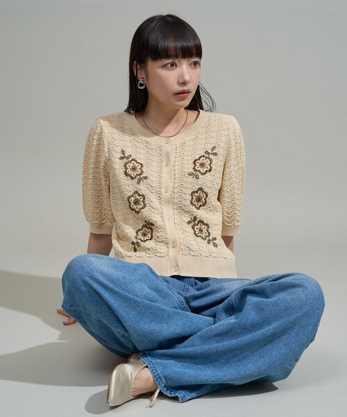 カーディガン 透かし編み ビーズ刺繍 サマーニット カーディガン/ 半袖ニット レディース FREAK'S STORE カーディガン 透かし編み ビーズ刺繍 サマー