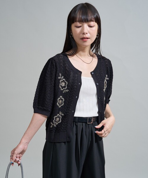 カーディガン 透かし編み ビーズ刺繍 サマーニット カーディガン/ 半袖ニット レディース FREAK'S STORE カーディガン 透かし編み ビーズ刺繍 サマー
