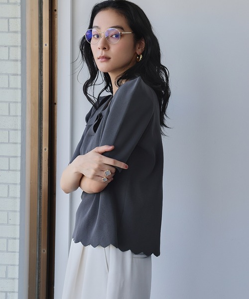 ella selectshop スカラップカラーニット ELFRANK ニット セーター スカラップ パワーショルダー 半袖