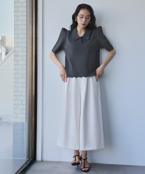 ella selectshop スカラップカラーニット ELFRANK ニット セーター スカラップ パワーショルダー 半袖