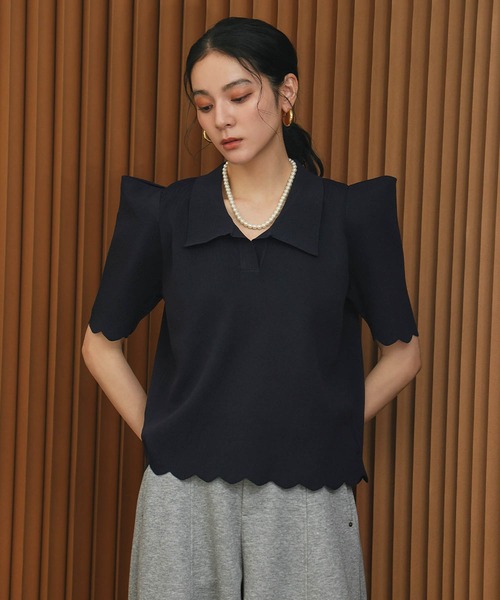ella selectshop プルオーバー　スカラップニット襟付き ELFRANK ニット セーター スカラップ パワーショルダー 半袖