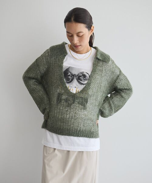 ニット セーター モヘア混襟付きシアープルオーバー レディース