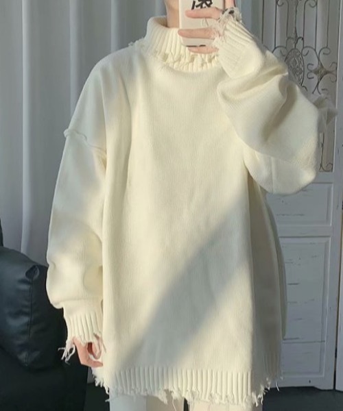 セーター ニット デストロイ加工ビッグシルエットタートルネックニット